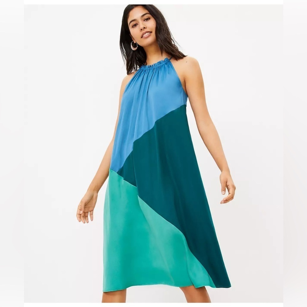 Loft color block halter midi swing dress M blew green new nwt